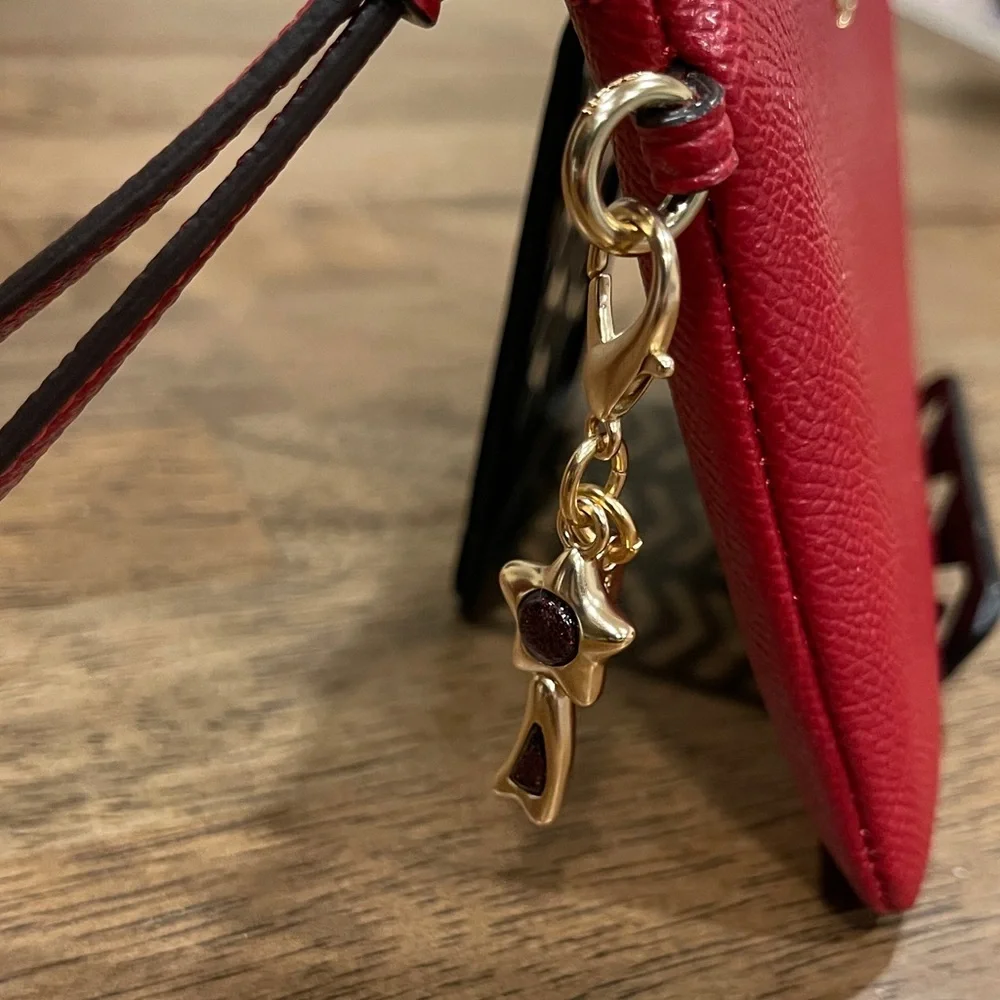 NWOT...Coach Red Leather Wristlet with Gold Star Charm - Picture 3 of 7